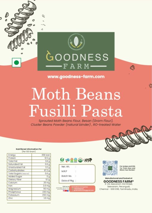 Moth Beans Fusili Pasta, Organic (180 G)